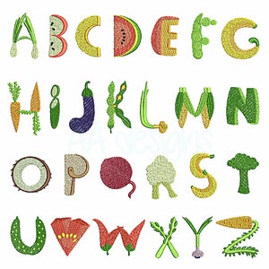 May include: A colorful alphabet made of vegetables and fruits. The letters are embroidered in a whimsical style.  The letters A, B, C, D, E, F, G, H, I, J, K, L, M, N, O, P, Q, R, S, T, U, V, W, X, Y, and Z are all represented.