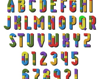 May include: A colorful alphabet and numbers made of blocks. The letters and numbers are in a bold, blocky font and are outlined in black. The blocks are in various colors, including red, orange, yellow, green, blue, purple, and white.