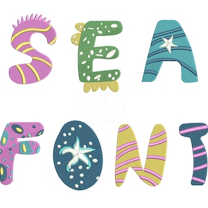 Sea embroidery font. Cute alphabet about the sea. Machine embroidery letters with sea. BX format