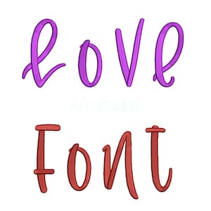 May include: A digital image of the word "love" in a purple cursive font and the word "font" in a red cursive font.
