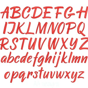 Puede incluir: Una fuente de alfabeto roja con letras mayúsculas y minúsculas. Las letras están estilizadas con una ligera curva y un efecto 3D.