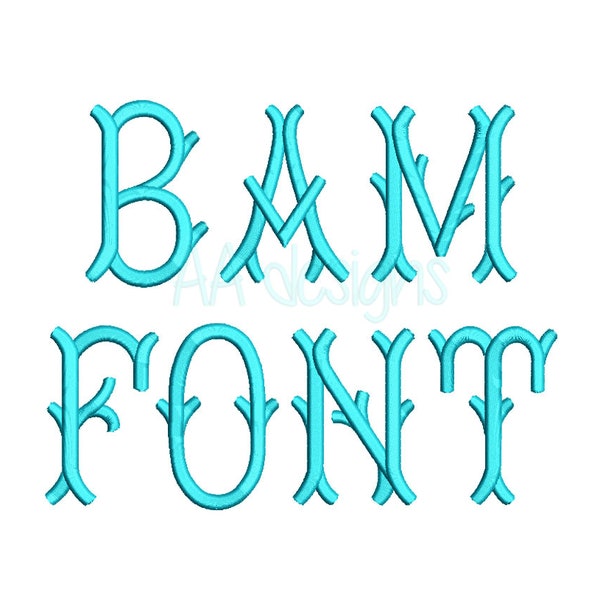 Modern Bamboo embroidery digital font. Machine embroidery font. Digital font for embroidery.