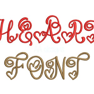 May include: Red and gold heart font embroidery design. The word "HEART" is in red with a heart in each letter. The word "FONT" is in gold with a heart in each letter.