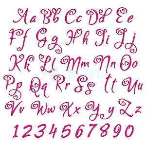 May include: A pink cursive alphabet with hearts and numbers 1 through 0.