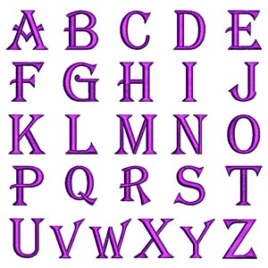 May include: A set of uppercase letters from A to Z in a purple font. The letters are in a traditional serif font style.