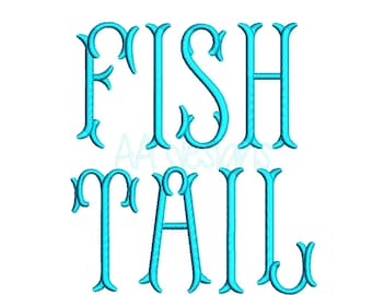 Fishtail embroidery digital font. Machine embroidery font. Fishtail font for embroidery.