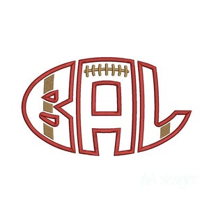 Könnte beinhalten: Ein rot-braunes Design in Form eines Footballs mit den Buchstaben "GAL" darin. Die Buchstaben sind rot umrandet mit braunen Akzenten, die an die Nähte eines Footballs erinnern, vor weißem Hintergrund.