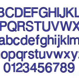 May include: A blue font alphabet with uppercase and lowercase letters and numbers 0-9. The font is a bold, sans-serif style.