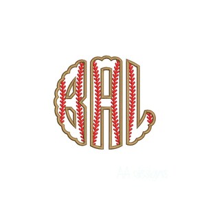 May include: A baseball-themed monogram design featuring the letters "BAL" in a decorative, rounded font. The letters are outlined in a light brown color, with red stitching details mimicking a baseball's seams. The design is set against a white background.