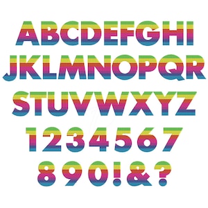 May include: A rainbow alphabet and numbers with a pixelated style. The letters and numbers are outlined in black and have a gradient of red, orange, yellow, green, blue, and purple.