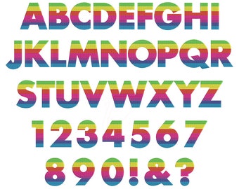 May include: A rainbow alphabet and numbers with a pixelated style. The letters and numbers are outlined in black and have a gradient of red, orange, yellow, green, blue, and purple.