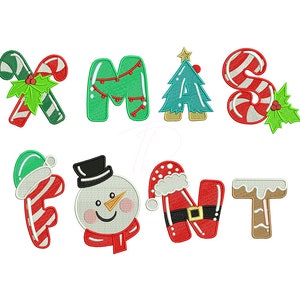 May include: Christmas themed font with letters X, M, A, S, F, O, N, T. The letters are decorated with candy canes, holly, a snowman, a Christmas tree, and gingerbread.