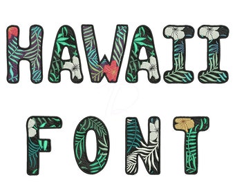 FONTLAB 箔ロゴプリント（ネイビー） Hawaii Embroidery Font. Tropical Embroidery Full Alphabet