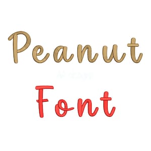 May include: Peanut Font is written in a brown cursive font. The word "Font" is written in a red cursive font.