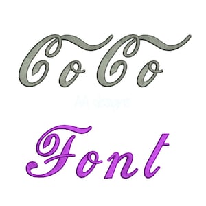 Può includere: Un file di progettazione digitale per un font corsivo chiamato "Font". Il font è mostrato in colore viola. La parola "Coco" è mostrata in colore grigio sopra il nome del font.