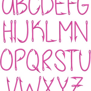 May include: Pink alphabet letters formed from fishing hooks. Each letter is made of a single continuous line.