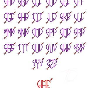 Peut inclure: Une collection de motifs en forme de cœur violets, chacun comportant trois lettres percées d'une flèche marron. Les lettres sont stylisées et forment la forme d'un cœur. Le motif du bas est rouge avec les lettres HME.