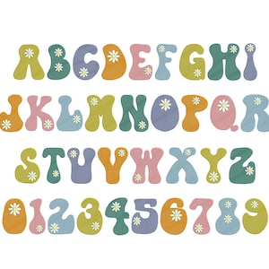 Groovy embroidery font. Groovy embroidery alphabet. Machine embroidery alphabet groovy styles.