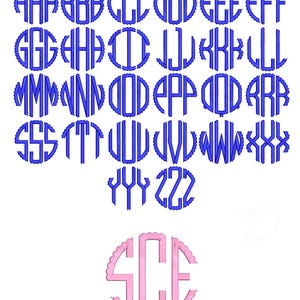 May include: A set of blue alphabet letters and numbers in a circle with a scalloped edge. The letters are arranged in rows. The letters A through Z and the numbers 1 through 9 are shown. The letter S, C, and E are shown in a pink circle with a scalloped edge.