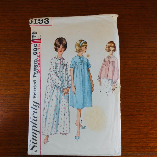 Vintage Simplicity 5193 Misses’ Women’s Nightgown & Bedjacket Sewing Pattern
