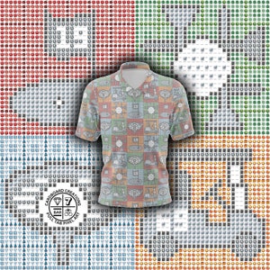 Puede incluir: Un polo de manga corta con un estampado de temática golfística. La camisa presenta un diseño repetido de carritos de golf, banderas y pelotas de golf en una cuadrícula de cuadrados. La camisa tiene un cuello blanco y el texto "19" en la camisa. El fondo es un diseño pixelado.