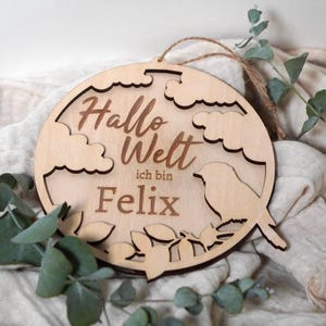 Gepersonaliseerd houten bord "Hallo Wereld" voor geboorte / cadeau voor pasgeboren / kind / tante / oom / cadeau