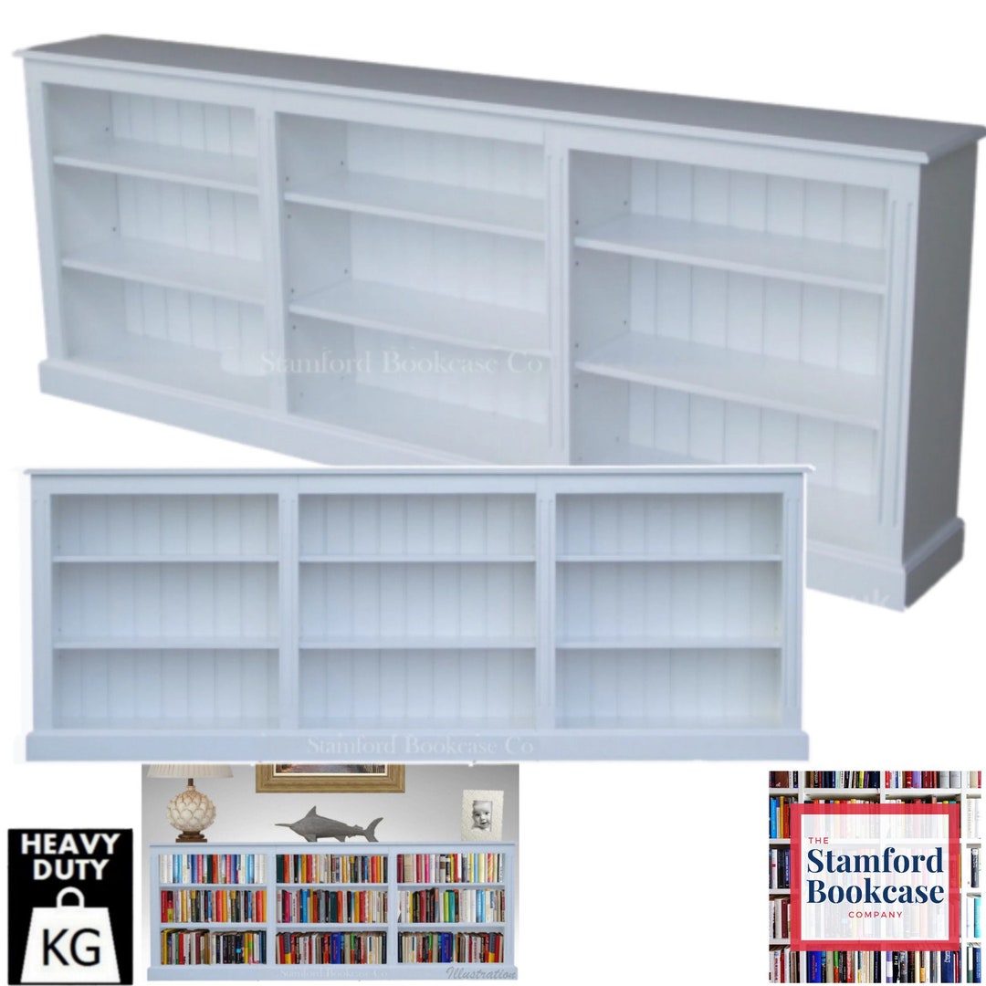 White or Grey Painted Wooden 3ft x 8ft Wide, Long Bookcase, Adjustable ...