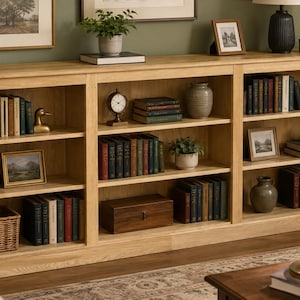 May include: A light-coloured wooden bookcase with multiple shelves filled with books, decorative items, and small potted plants. The bookcase has a rectangular shape and is placed against a green wall. A wooden bowl sits on top.