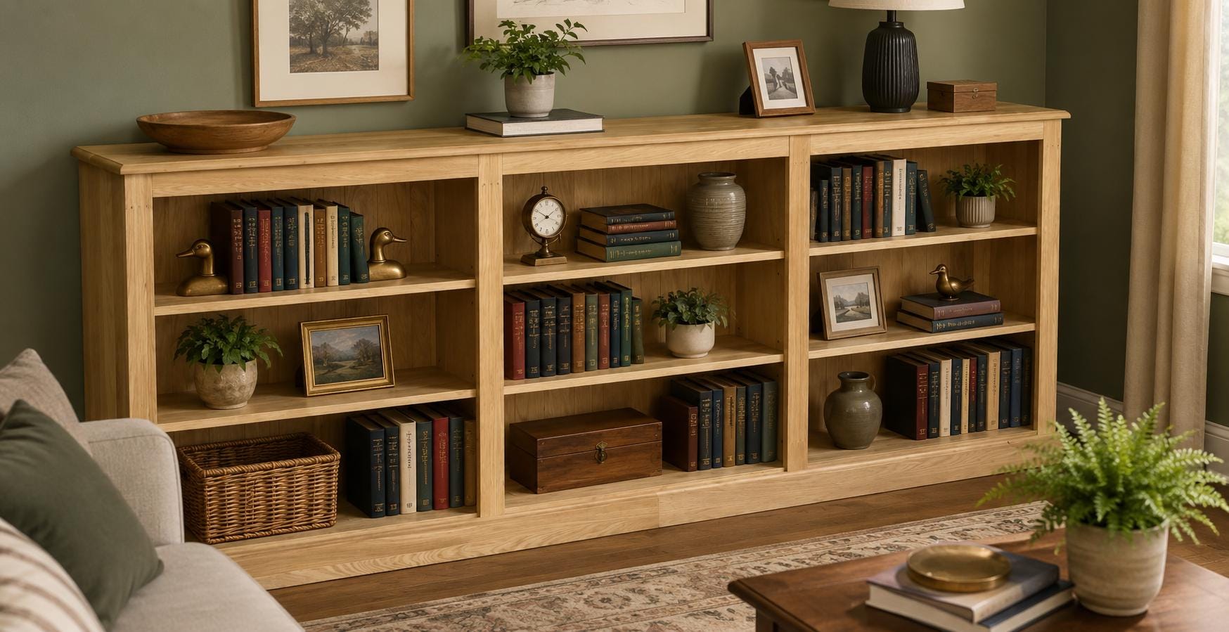 Solid Oak 3ft X 8ft Low Bookcase, Adjustable Library Display
