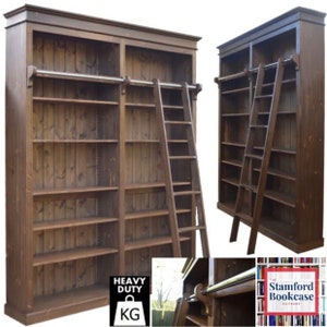 Solid Pine 8ft Tall Bookcase, Adjustable Display "Heavy Duty" Library Shelving Unit with Ladder Dark Wood. Made to order. UK only delivery