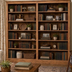 May include: A substantial wooden bookcase, packed with antique books, ornaments, and potted plants. The shelves are arranged symmetrically, creating a cosy and inviting atmosphere. The room is decorated in a classic, vintage style.