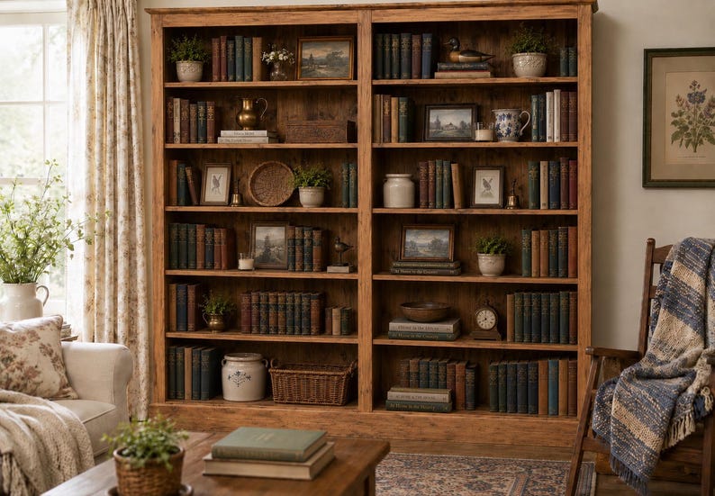 May include: A substantial wooden bookcase, packed with antique books, ornaments, and potted plants. The shelves are arranged symmetrically, creating a cosy and inviting atmosphere. The room is decorated in a classic, vintage style.