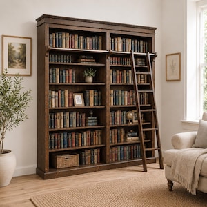 Solid Pine 8ft Library Bookcase, Heavy Duty Shelving Unit with Ladder, Dark Wood Finish