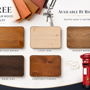 May include: A selection of wood colour samples, including Antique Brown, Light Oak, Rugger Brown, Dark Oak, and Chestnut/Cherry. The image includes text that says "FREE COLOUR WOOD SAMPLES" and "AVAILABLE BY REQUEST". A red British postbox is also in the image.