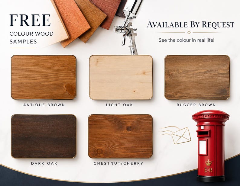 May include: A selection of wood colour samples, including Antique Brown, Light Oak, Rugger Brown, Dark Oak, and Chestnut/Cherry. The image includes text that says "FREE COLOUR WOOD SAMPLES" and "AVAILABLE BY REQUEST". A red British postbox is also in the image.