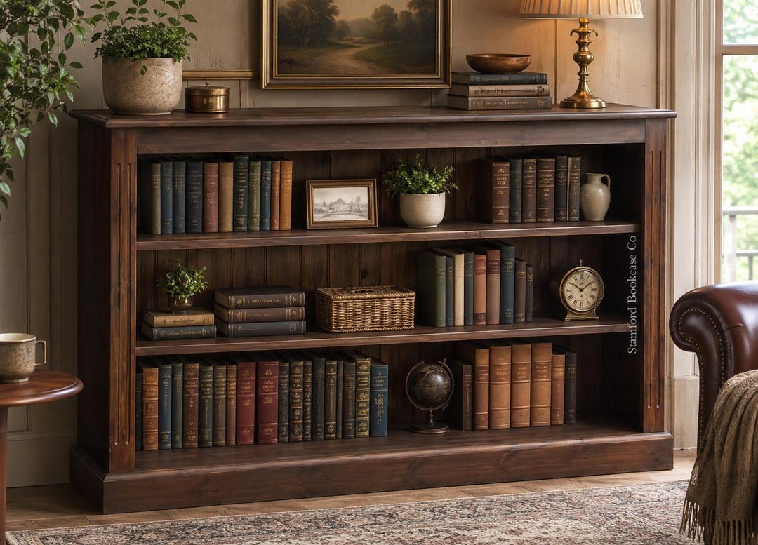 Solid Pine, Dark Oak 3ft X 5ft Low Bookcase, Adjustable Wide