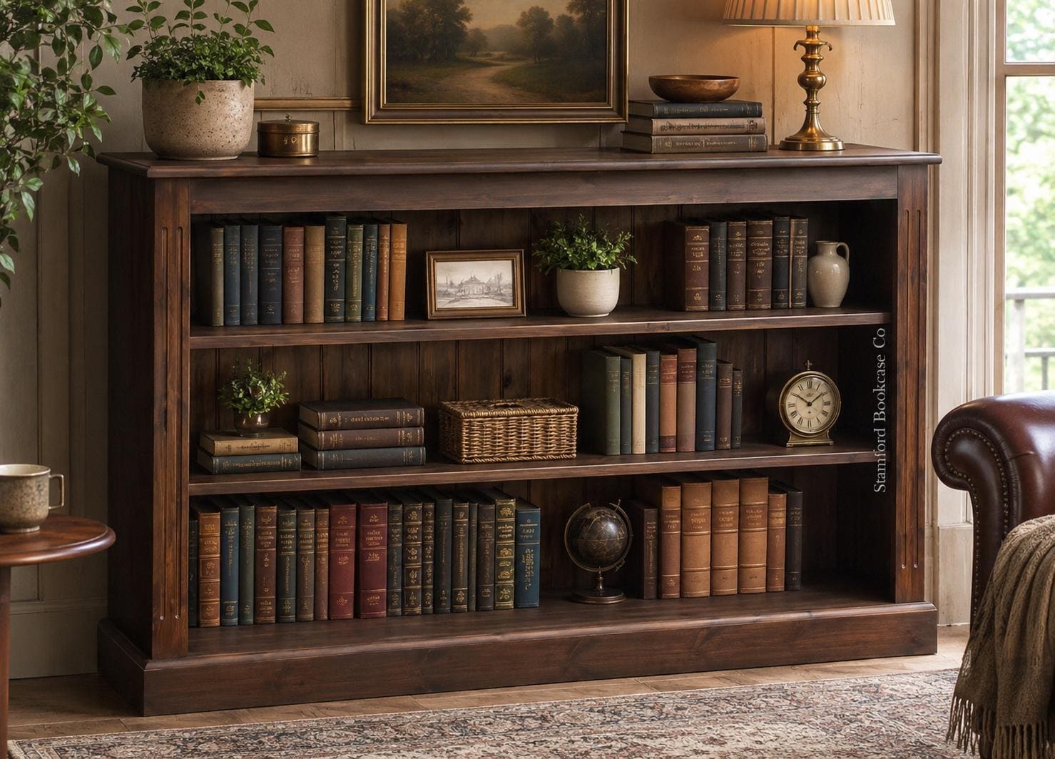 Solid Pine, Dark Oak 3ft X 5ft Low Bookcase, Adjustable Wide
