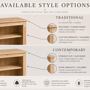 May include: Image of two wooden bookshelves, one with traditional curved edges and fluted columns, the other with contemporary straight edges and plain columns. The text highlights solid wood and beeswax polish.