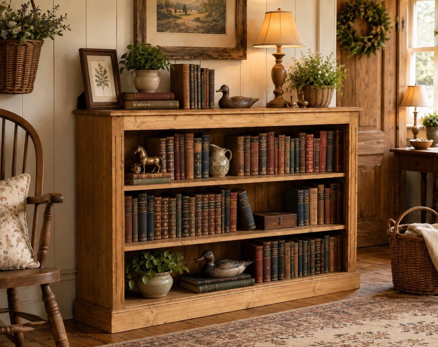 Solid Pine, Wooden 3ft X 5ft Low Bookcase, Adjustable Wide