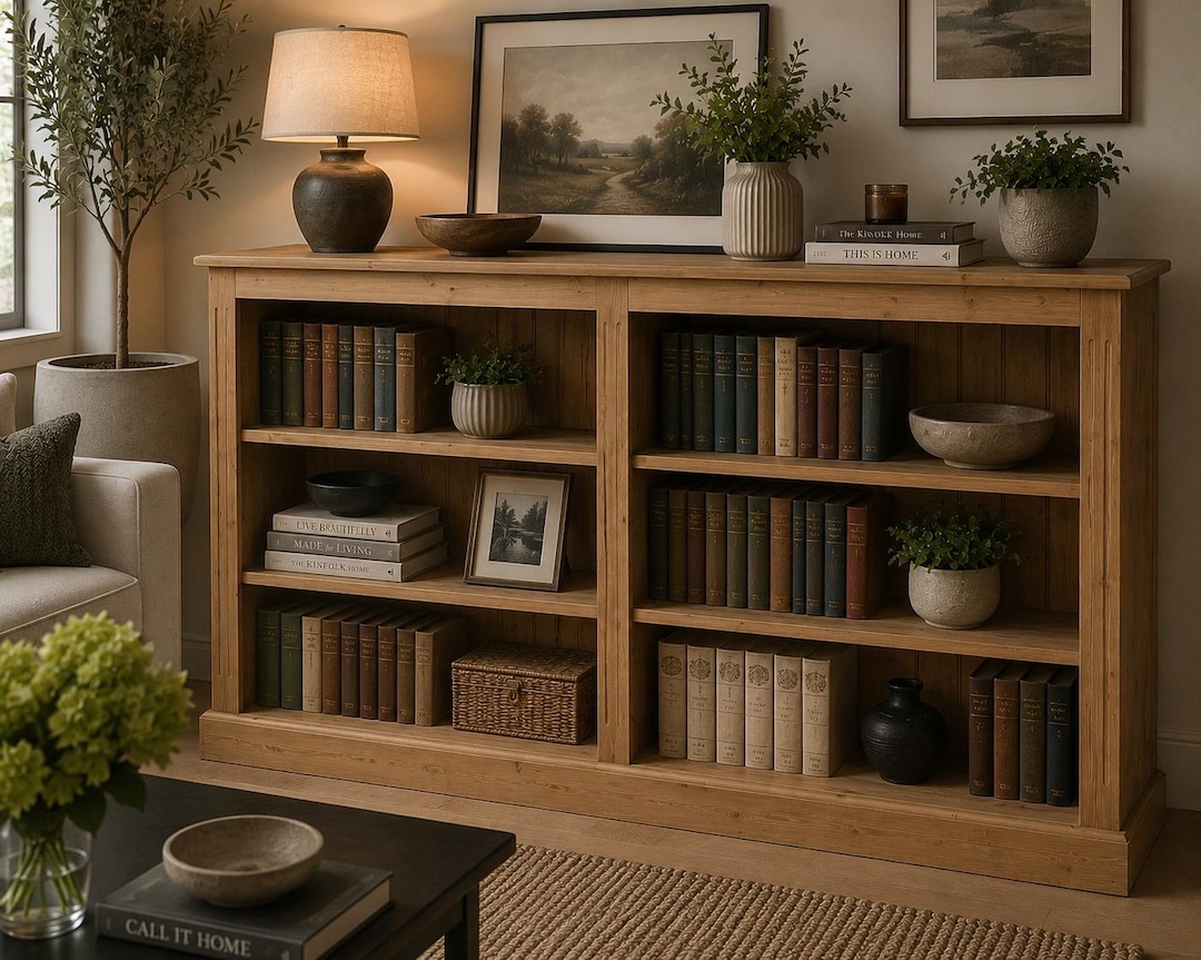 Solid Pine Low Bookcase, 6ft Wide, Adjustable Shelving, Hallway