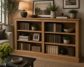 Solid Pine Low Bookcase, 6ft Wide, Adjustable Shelving, Hallway Storage Bookshelves