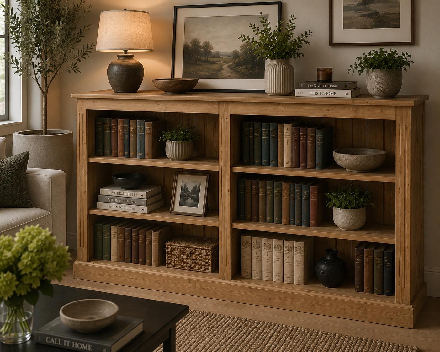 Solid Pine Low Bookcase, 6ft Wide, Adjustable Shelving, Hallway