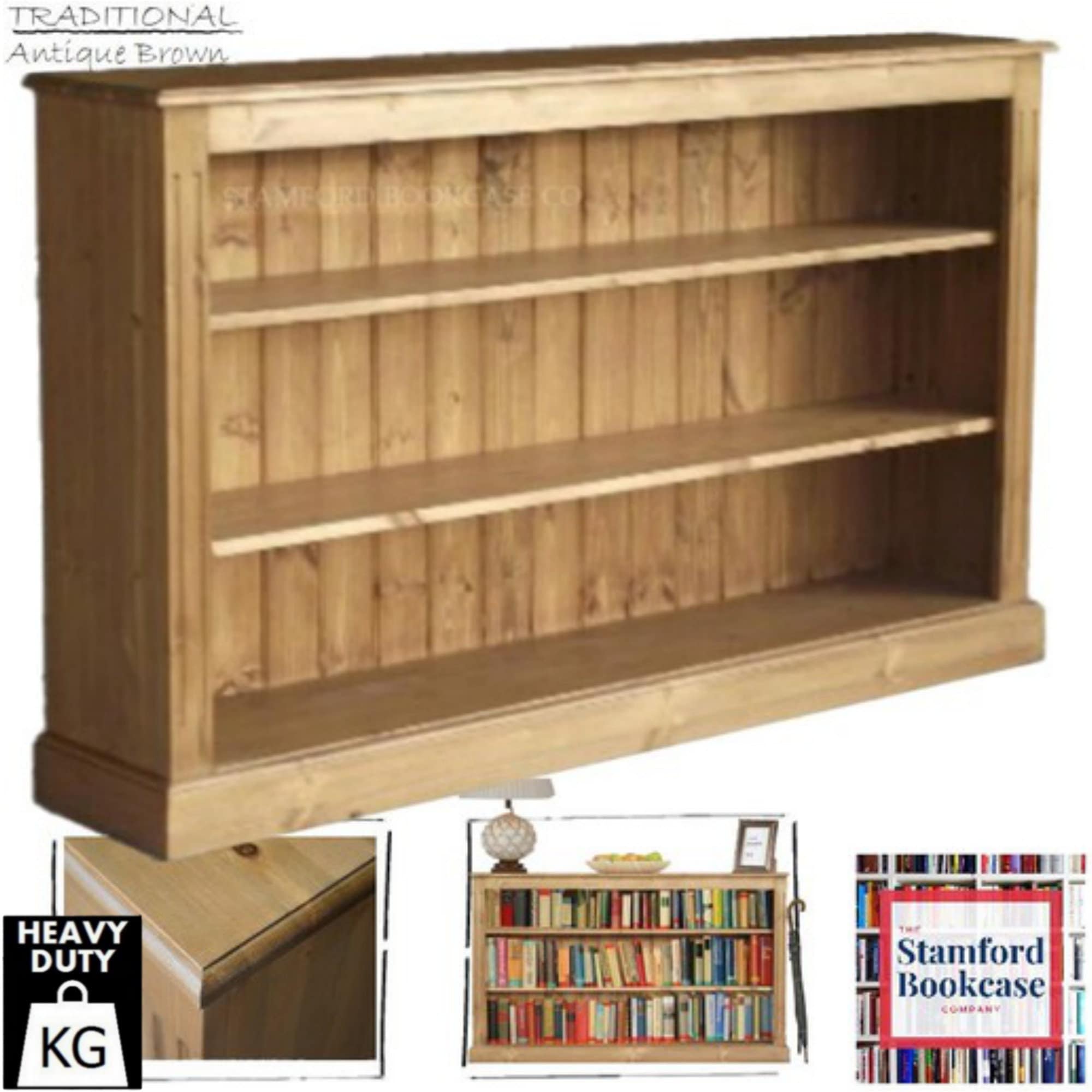 Solid Pine, Wooden 3ft X 5ft Low Bookcase, Adjustable Wide
