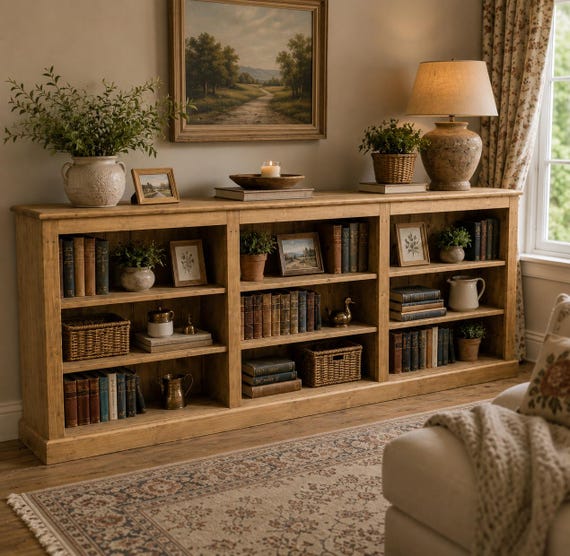 Handcrafted 8ft Wide Solid Wood Low Bookcase, 3 Bay Adjustable