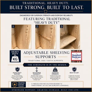 May include: An advertisement for a bookcase with the text "Traditional. Heavy Duty. Built Strong. Built to Last." The image highlights adjustable shelving supports and traditional dog tooth supports. The bookcase is designed for superior strength and everyday reliability.