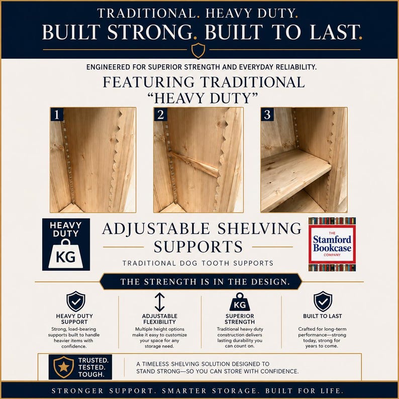 May include: An advertisement for a bookcase with the text "Traditional. Heavy Duty. Built Strong. Built to Last." The image highlights adjustable shelving supports and traditional dog tooth supports. The bookcase is designed for superior strength and everyday reliability.