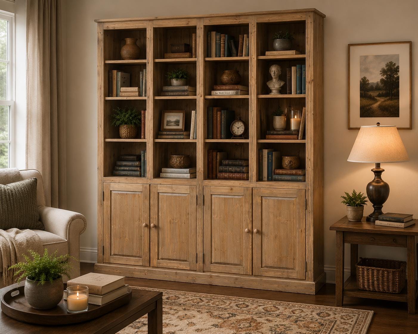 Solid Wood 4 Bay Library Bookcase With Doors, Traditional