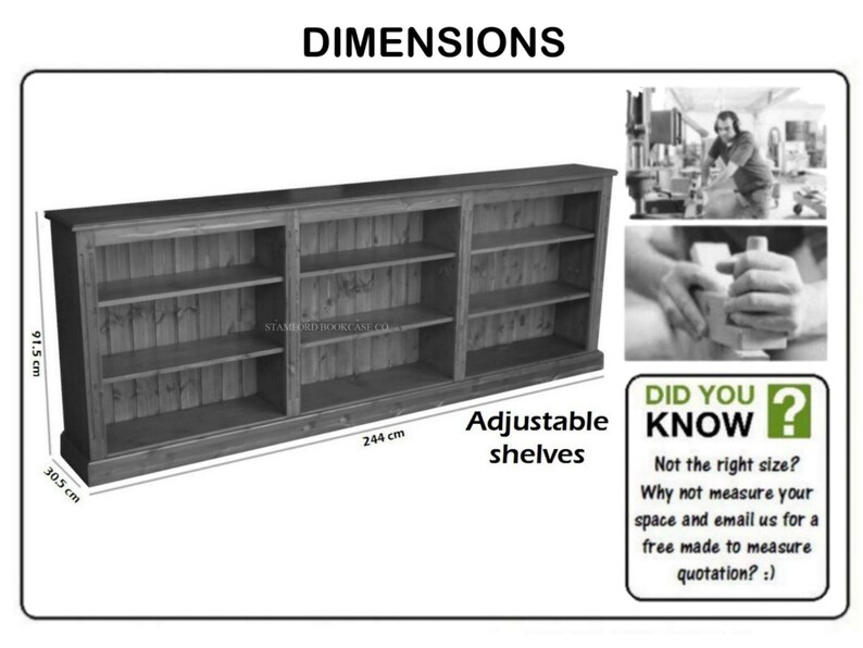 Wooden 3ft X 8ft Wide, Low Bookcase, Adjustable Handcrafted 3 Bay Split ...