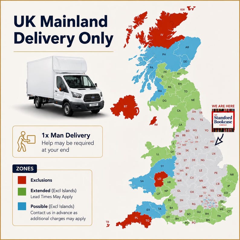 May include: A white delivery van is positioned beside a map of the UK, indicating delivery zones in red, green, and blue. Text reads "UK Mainland Delivery Only" and "1x Man Delivery". The map highlights the location of Stamford Bookcase.