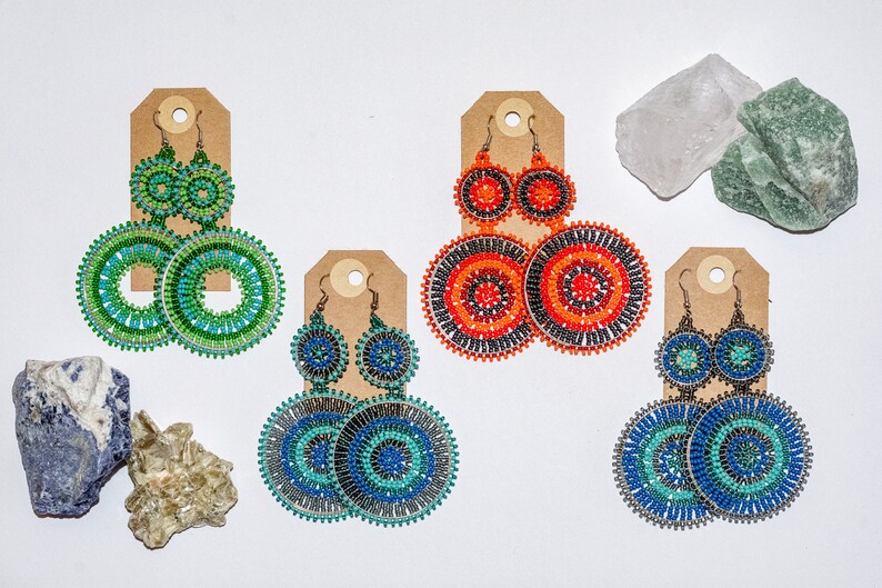 Vibrant, Boho Style African Double Hoop Earrings on Gift Tags with Crystals on the corners.